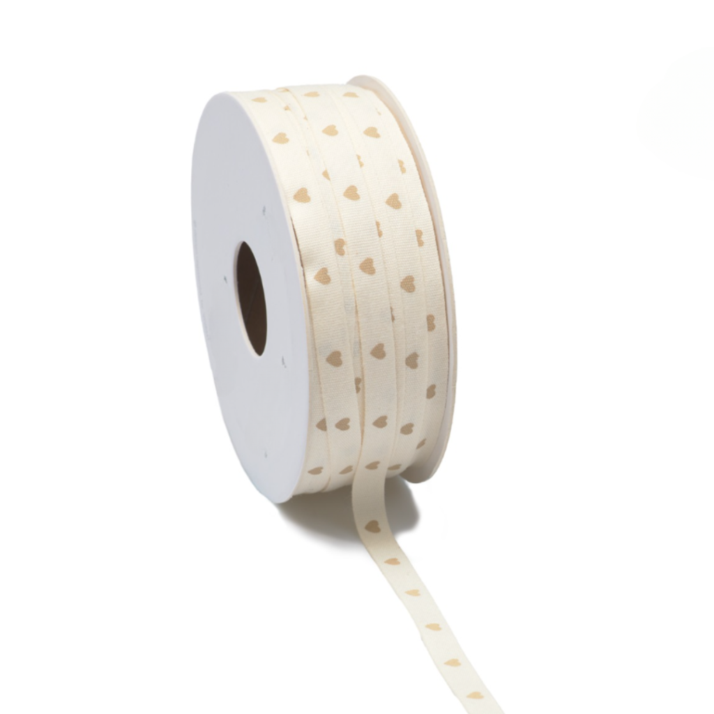 Ribbon - Beige Hearts - White - 25m x 8mm