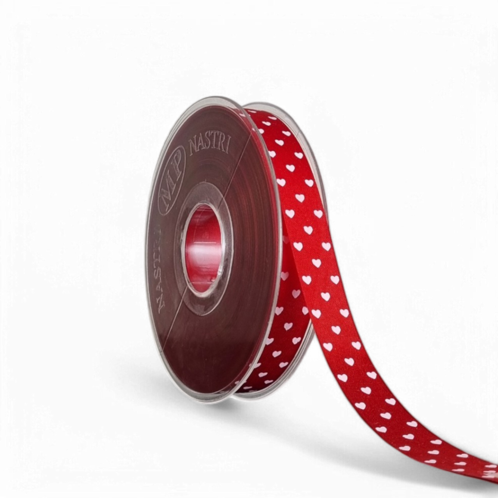 Farbband - Satin - Weiße Herzen - Rot - 45m x 15mm