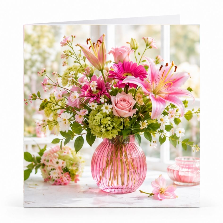 Wenskaart - "Roze bloemenboeket" - 8 Stuks