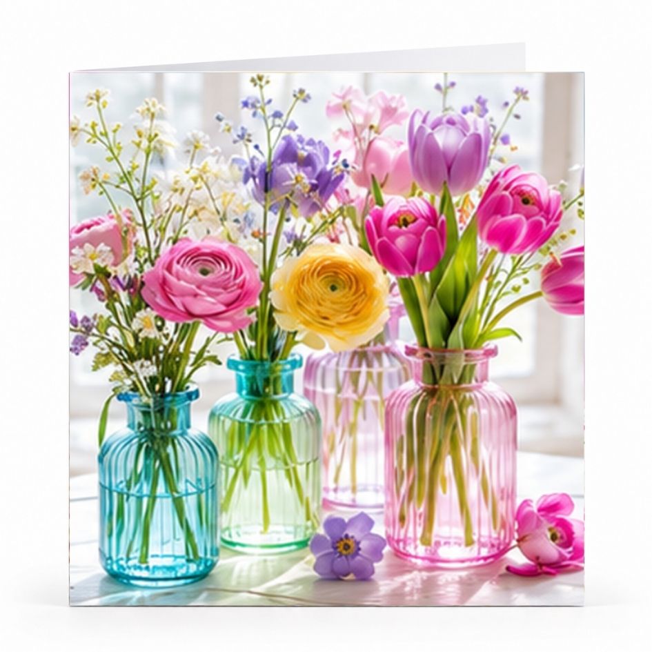 Wenskaart - "Bloemen in kleurrijke vaasjes" - 8 Stuks