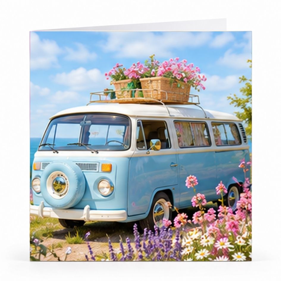 Wenskaart - "Camper met bloemen" - 8 Stuks