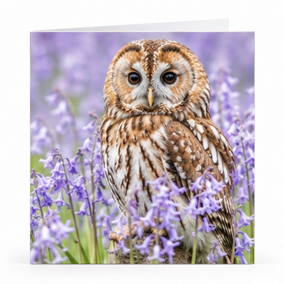 Wenskaart - "Uil tussen paarse bloemen" - 8 Stuks