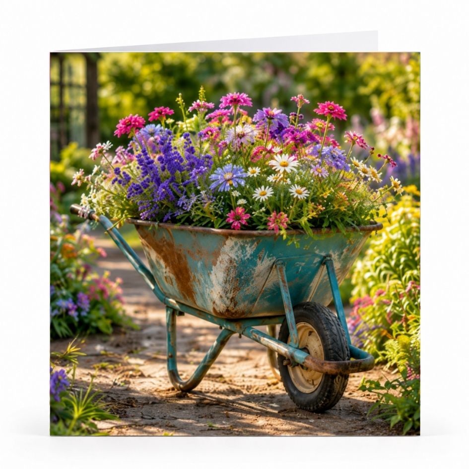 Wenskaart - "Kruiwagen met bloemen" - 8 Stuks