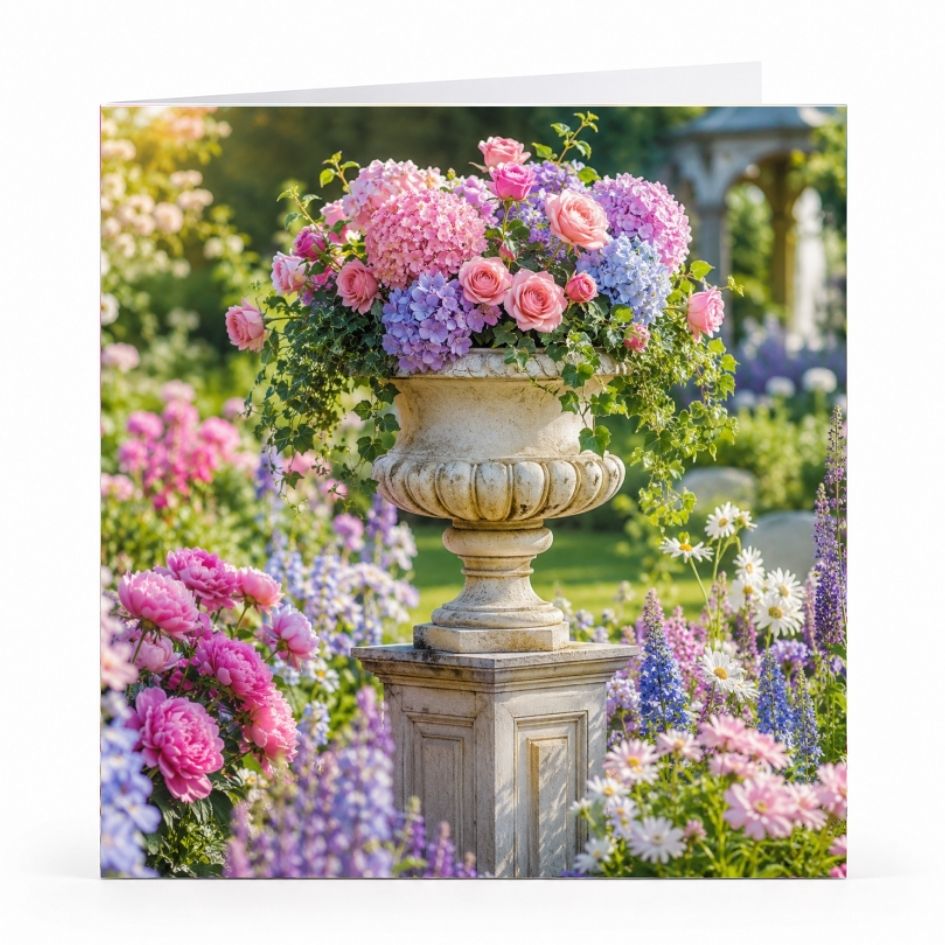 Wenskaart - "Bloemenurn in de tuin" - 8 Stuks