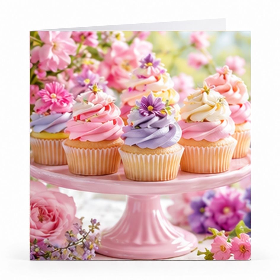 Wenskaart - "Bloemencupcakes" - 8 Stuks