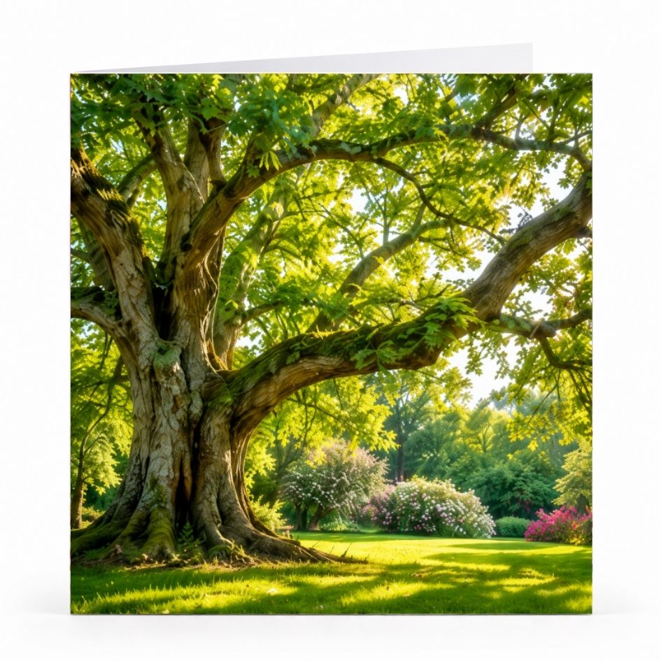 Wenskaart - "Oude boom in zonnige tuin" - 8 Stuks
