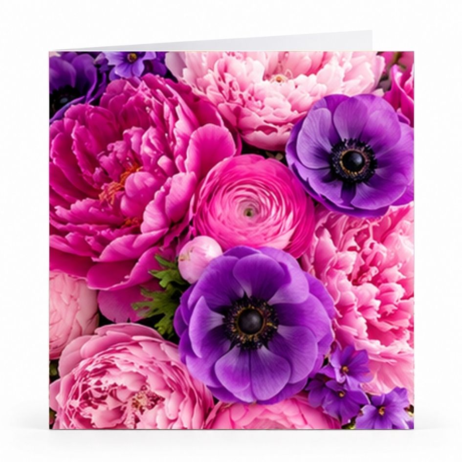 Wenskaart - "Roze en paarse bloemen" - 8 Stuks