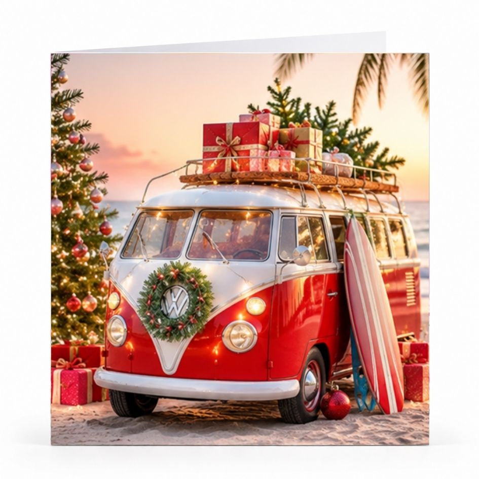 Wenskaart - "Kerstcamper op het strand" - 8 Stuks